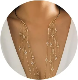 Simple Metal Open Pearl Choker Necklace Long Tassel Crystal Beads Clavicle Chain Necklace Summer Statement Crystal Collar Necklace Pearl Chest Body Jewelry for Women