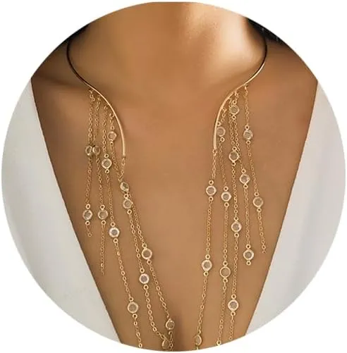 Simple Metal Open Pearl Choker Necklace Long Tassel Crystal Beads Clavicle Chain Necklace Summer Statement Crystal Collar Necklace Pearl Chest Body Jewelry for Women