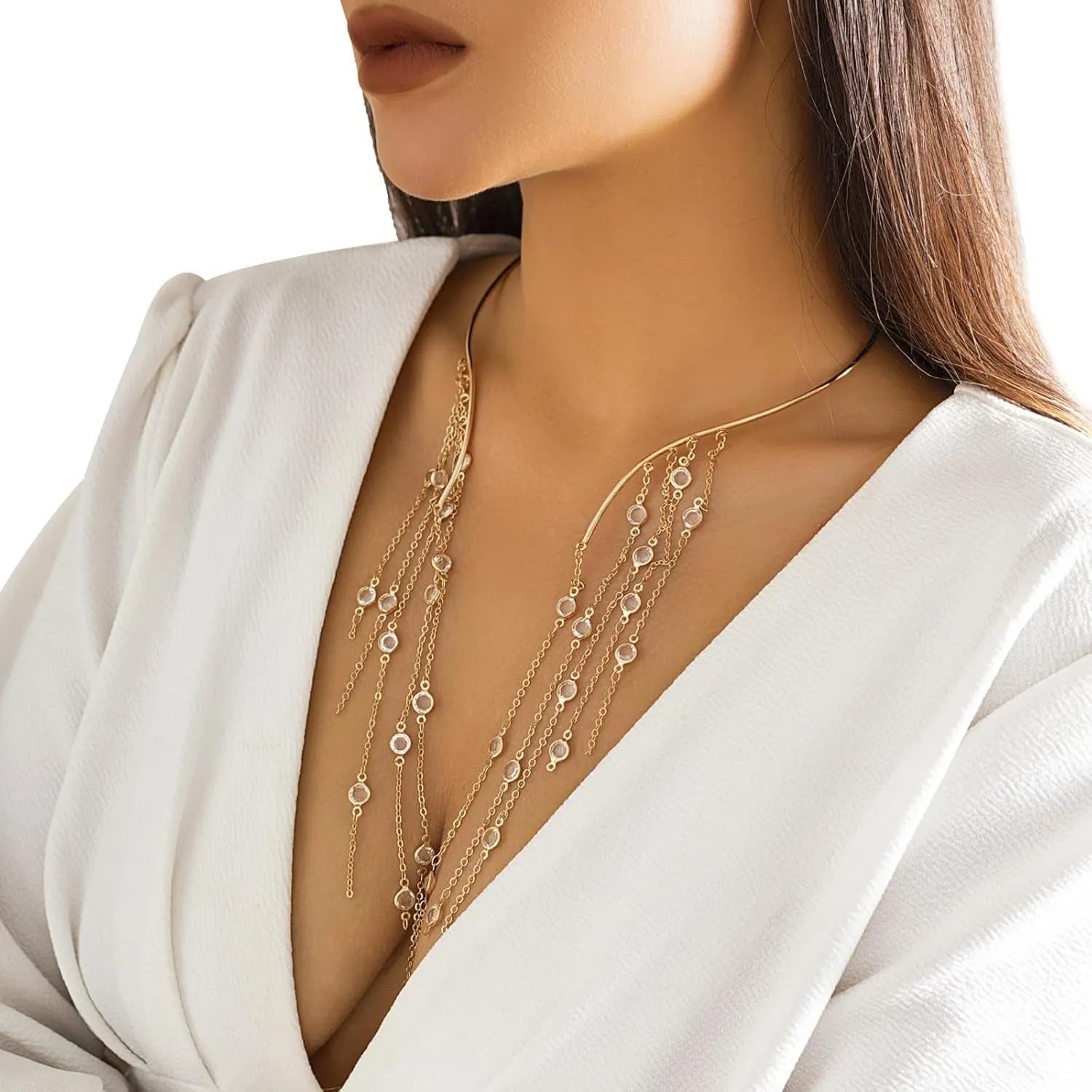 Simple Metal Open Pearl Choker Necklace Long Tassel Crystal Beads Clavicle Chain Necklace Summer Statement Crystal Collar Necklace Pearl Chest Body Jewelry for Women