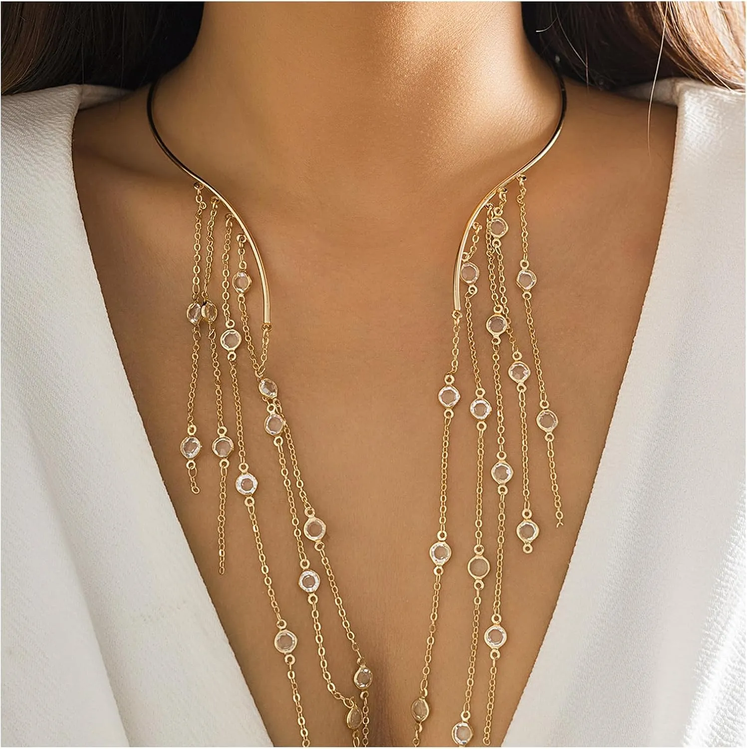 Simple Metal Open Pearl Choker Necklace Long Tassel Crystal Beads Clavicle Chain Necklace Summer Statement Crystal Collar Necklace Pearl Chest Body Jewelry for Women