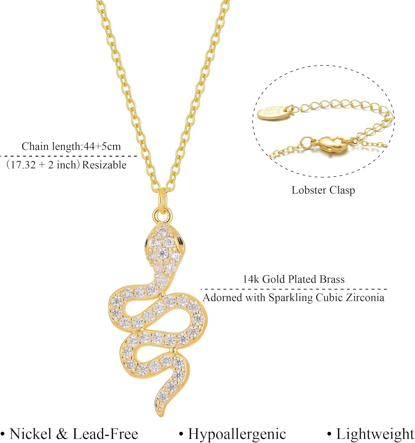 Snake Necklace 14k Gold Plated Snake Pendant Necklaces Cubic Zirconia Serpent Snake Jewelry Dainty Gold Necklace for Women Trendy