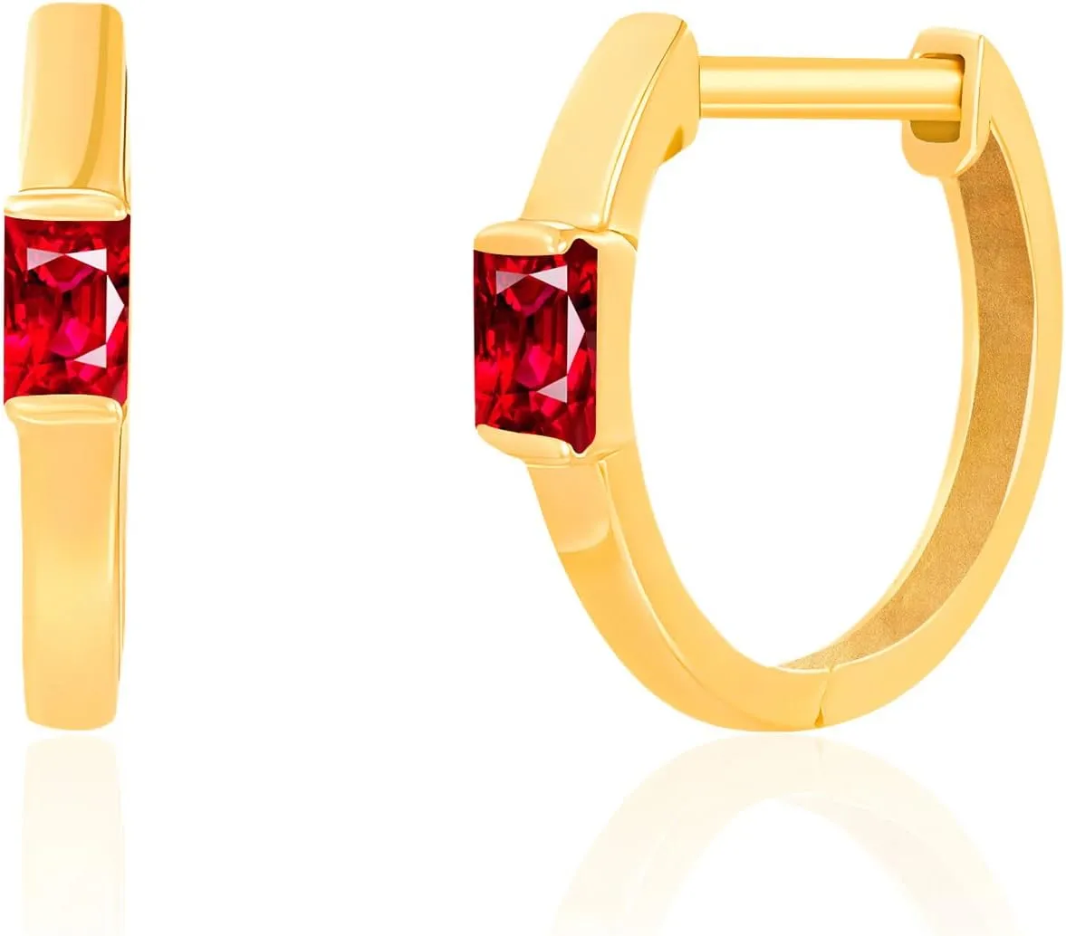 Solid 10K Gold Baguette Cut Ruby Huggie Hoop Earrings | Hypoallergenic Gold Huggies Earrings for Women | Anti-Tarnishing Real Gold Hoop Earrings by MAX   STONE