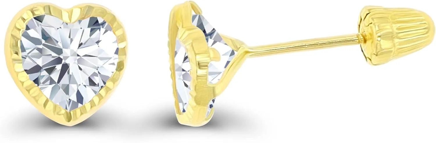 Solid 14K Gold Hypoallergenic 4mm Heart Shaped Birthstone Polished Bezel Screw Back Stud Earrings