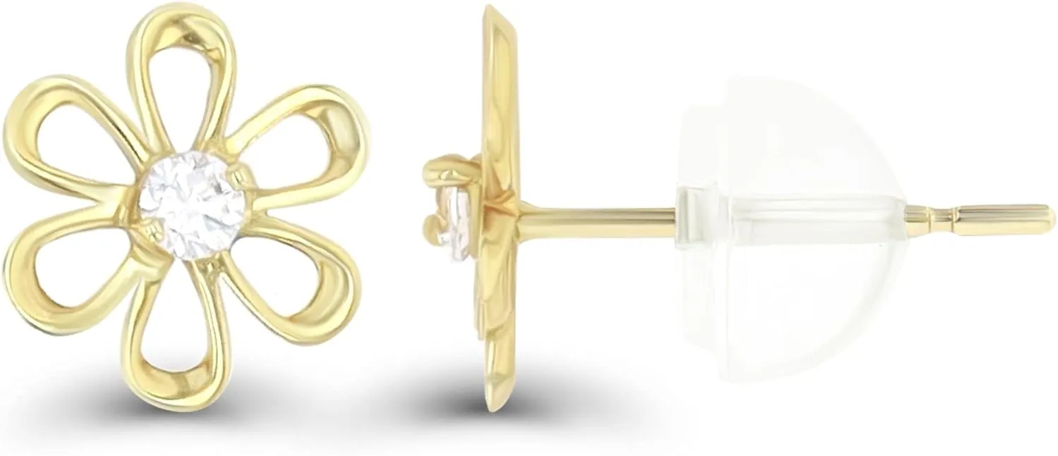 Solid 14K Yellow Gold Hypoallergenic Polished AAA Cubic Zirconia Simulated Diamond Stud Earrings