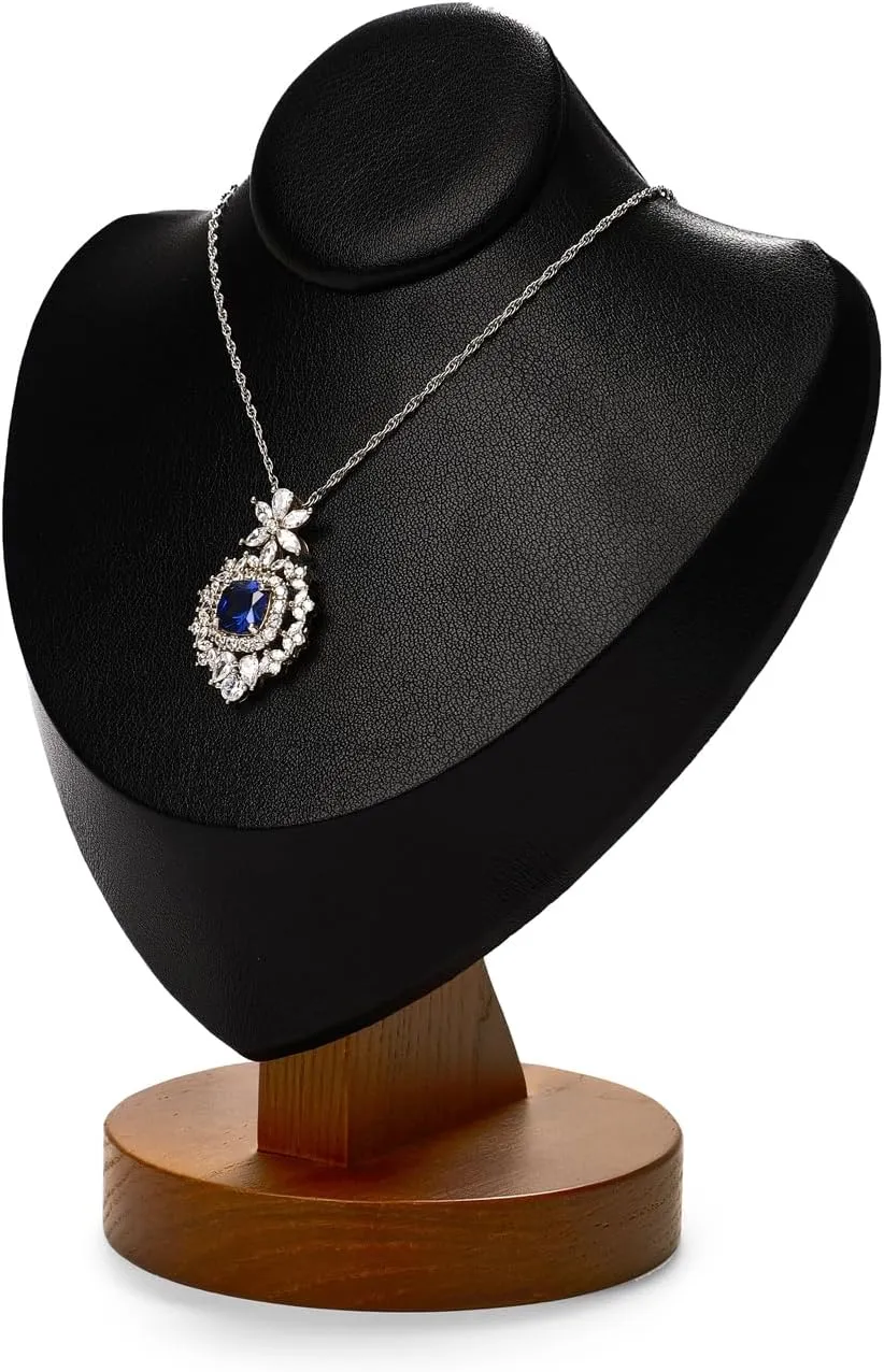 Solid Wood Jewelry Bust Necklace Display Black PU Leather Jewelry Necklace Display Stand for Show Selling