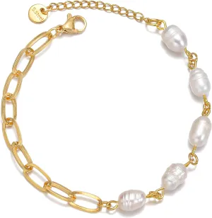 Sonateomber Dainty Gold Freshwater Pearls Chain Bracelet for Women, Statement Paperclip Rosary Purple Pearl Beaded Bangle Cuff Jewelry Gifts