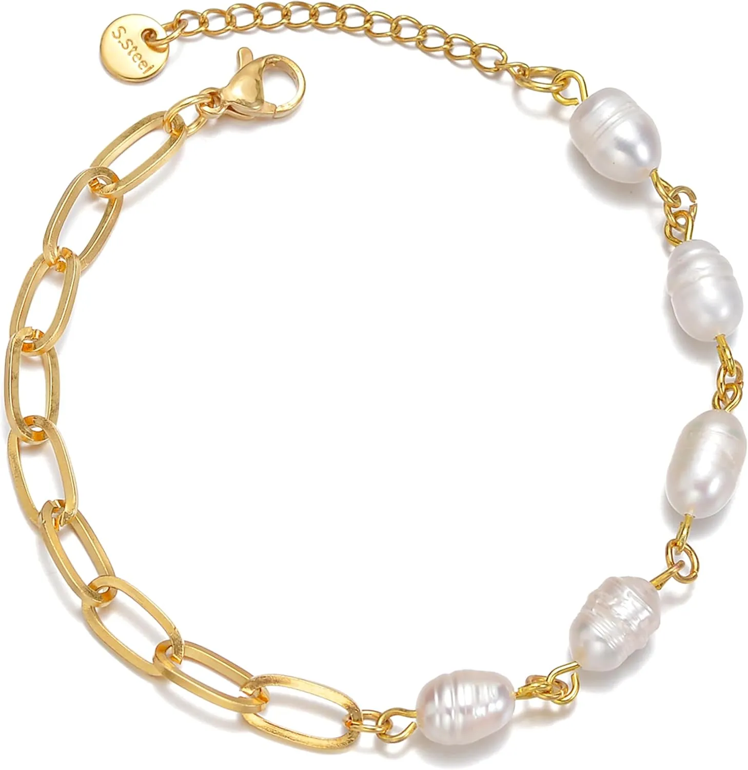Sonateomber Dainty Gold Freshwater Pearls Chain Bracelet for Women, Statement Paperclip Rosary Purple Pearl Beaded Bangle Cuff Jewelry Gifts