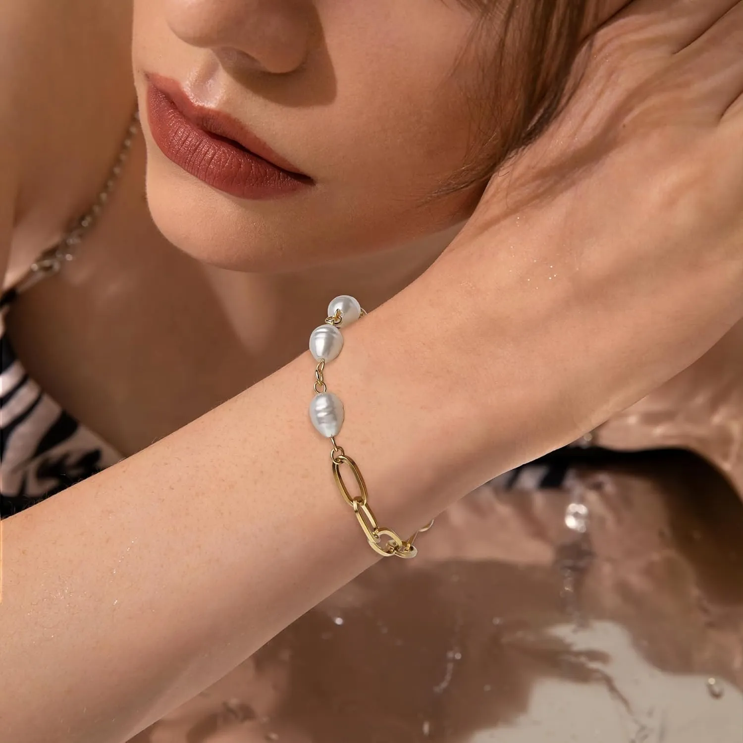 Sonateomber Dainty Gold Freshwater Pearls Chain Bracelet for Women, Statement Paperclip Rosary Purple Pearl Beaded Bangle Cuff Jewelry Gifts