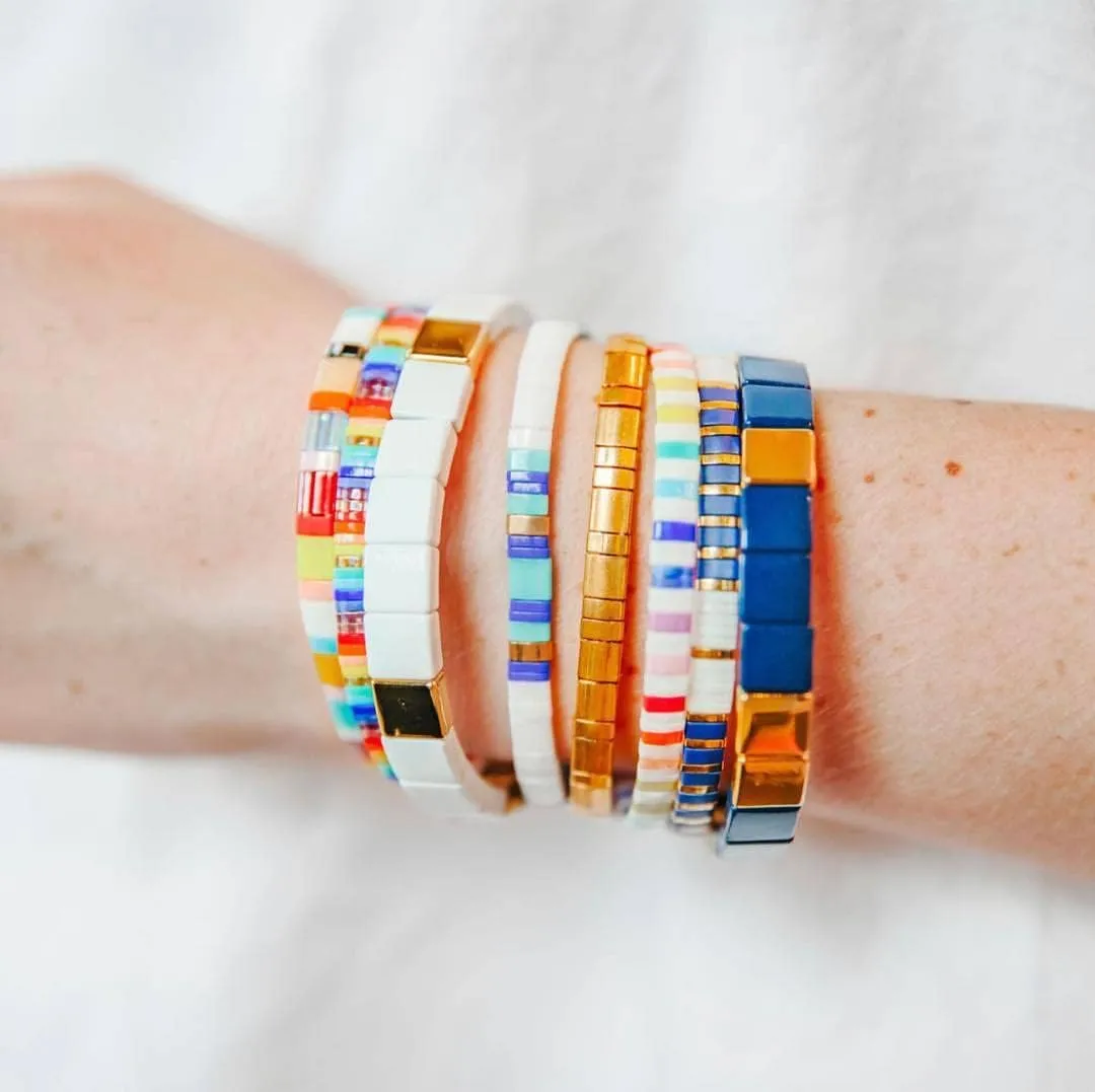 Sonateomber Summer Candy Colors Tila Flat Seed Beads Stretch Strand Bracelet for Women- Trendy Unique Friendship Handmade Mixed Colorful Square Beaded Miyuk Link Bracelets Stackable Jewelry Gifts
