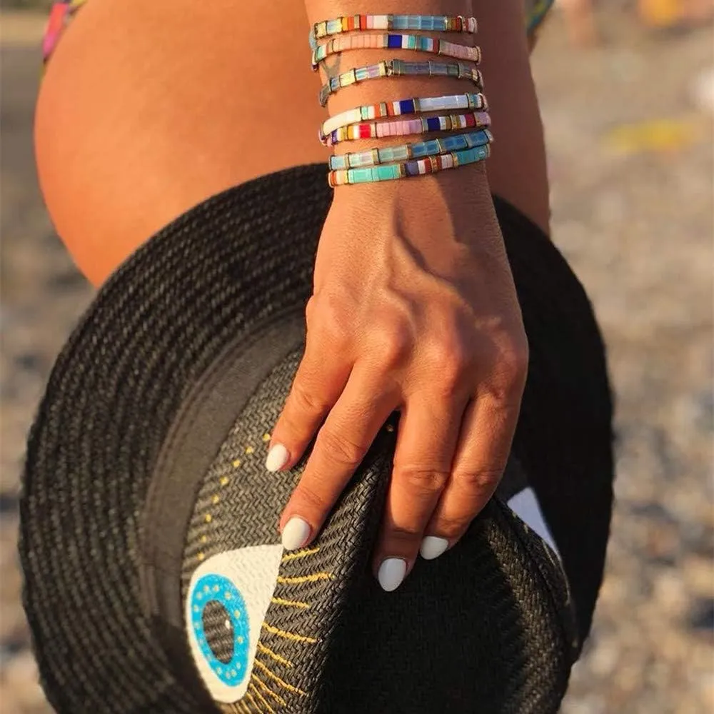 Sonateomber Summer Candy Colors Tila Flat Seed Beads Stretch Strand Bracelet for Women- Trendy Unique Friendship Handmade Mixed Colorful Square Beaded Miyuk Link Bracelets Stackable Jewelry Gifts