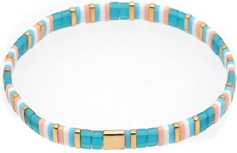Sonateomber Summer Candy Colors Tila Flat Seed Beads Stretch Strand Bracelet for Women- Trendy Unique Friendship Handmade Mixed Colorful Square Beaded Miyuk Link Bracelets Stackable Jewelry Gifts