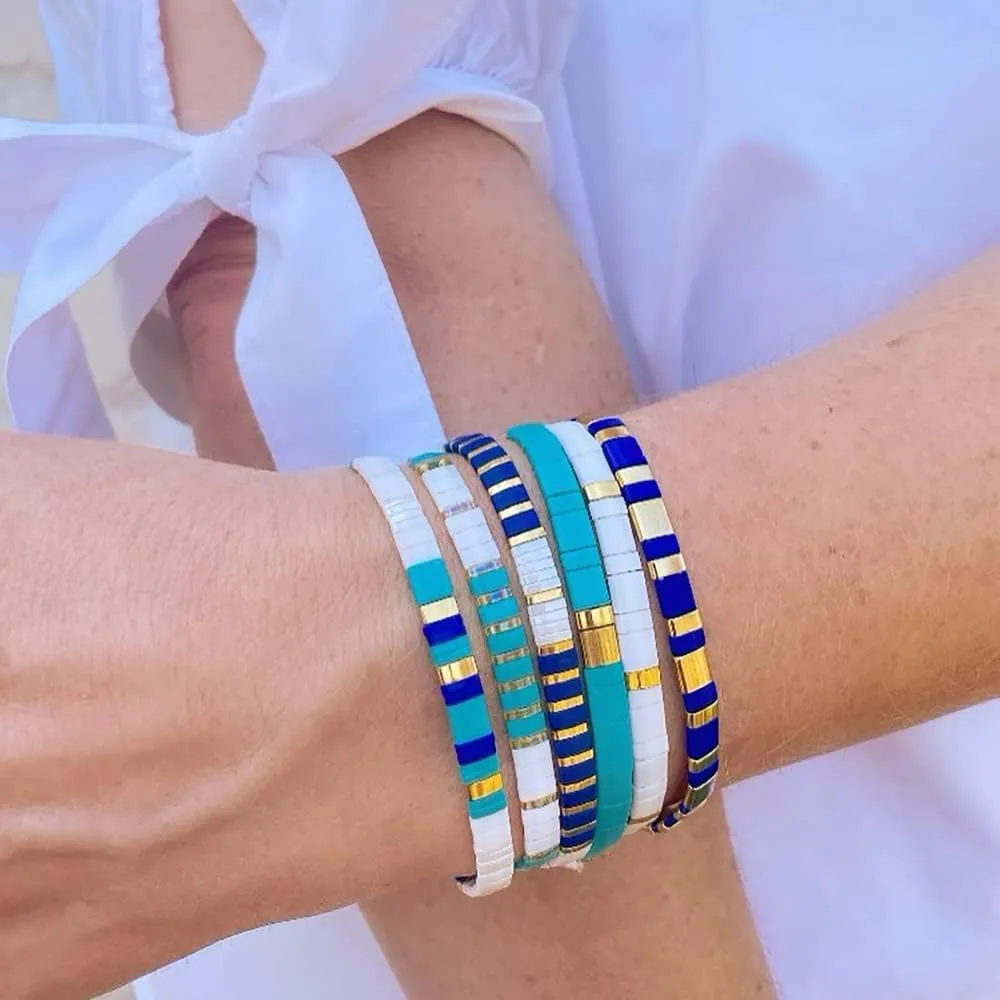 Sonateomber Summer Candy Colors Tila Flat Seed Beads Stretch Strand Bracelet for Women- Trendy Unique Friendship Handmade Mixed Colorful Square Beaded Miyuk Link Bracelets Stackable Jewelry Gifts