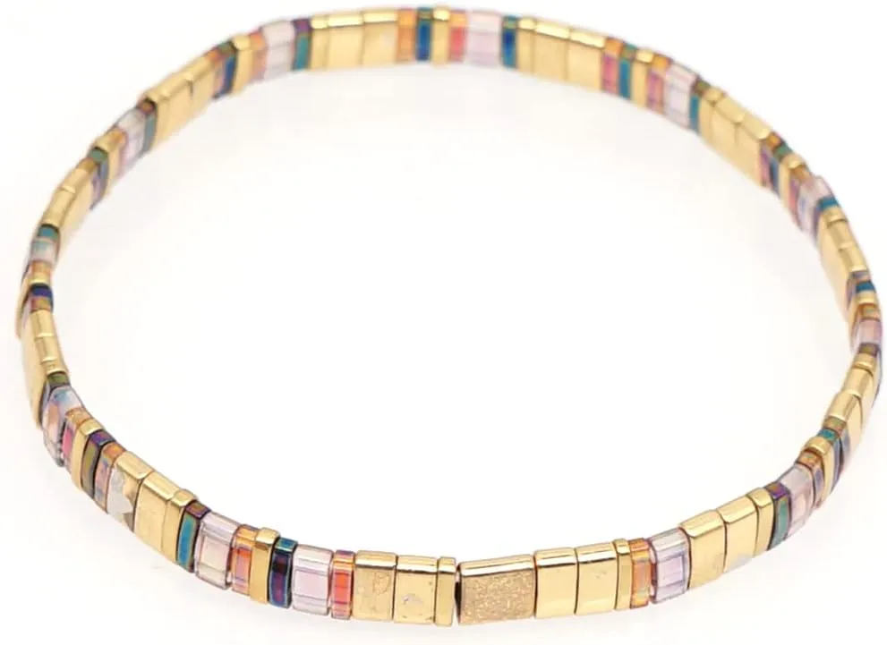 Sonateomber Summer Candy Colors Tila Flat Seed Beads Stretch Strand Bracelet for Women- Trendy Unique Friendship Handmade Mixed Colorful Square Beaded Miyuk Link Bracelets Stackable Jewelry Gifts