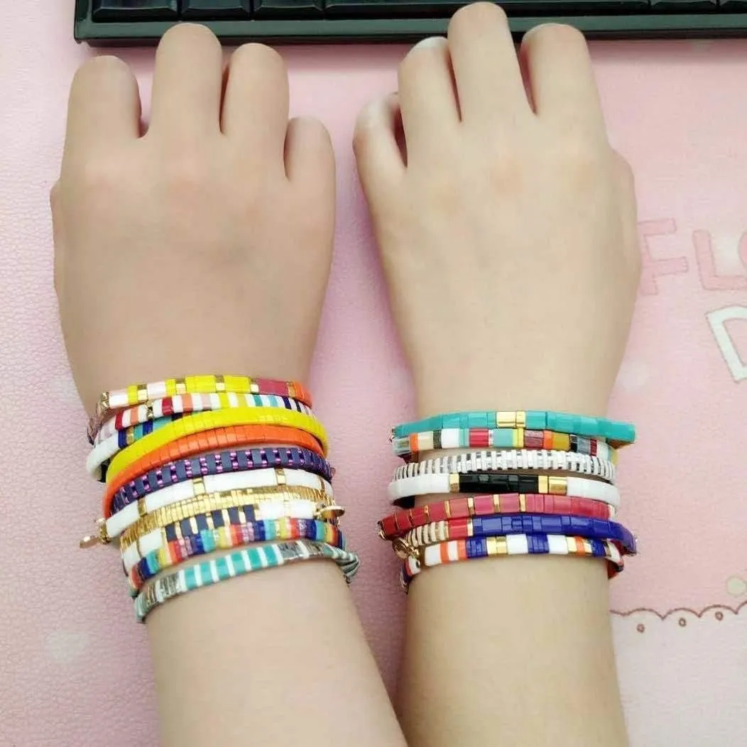 Sonateomber Summer Candy Colors Tila Flat Seed Beads Stretch Strand Bracelet for Women- Trendy Unique Friendship Handmade Mixed Colorful Square Beaded Miyuk Link Bracelets Stackable Jewelry Gifts