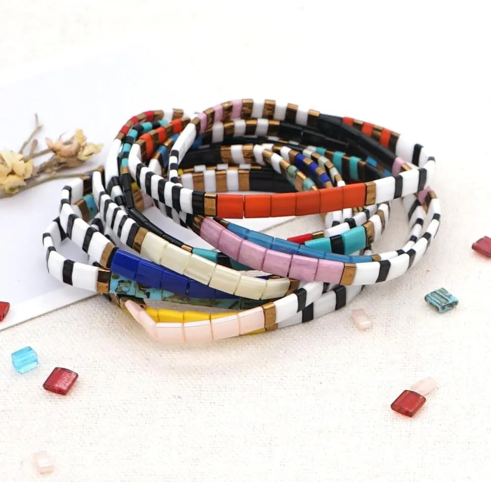 Sonateomber Summer Candy Colors Tila Flat Seed Beads Stretch Strand Bracelet for Women- Trendy Unique Friendship Handmade Mixed Colorful Square Beaded Miyuk Link Bracelets Stackable Jewelry Gifts