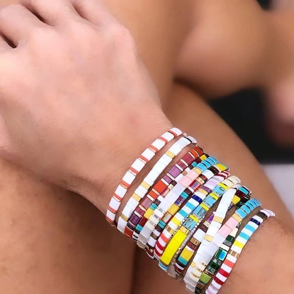 Sonateomber Summer Candy Colors Tila Flat Seed Beads Stretch Strand Bracelet for Women- Trendy Unique Friendship Handmade Mixed Colorful Square Beaded Miyuk Link Bracelets Stackable Jewelry Gifts