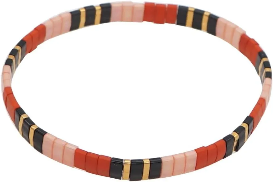 Sonateomber Tila Flat Beaded Stretch Strand Bracelets for Women Trendy Boho Friendship Handmade Black Pink Red Square Beads Stackable Elastic Bracelet Fashion Jewelry Gifts