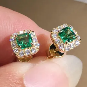 Sparkling Emerald Green Square Cubic Zirconia Earrings, Rose Gold Green Gemstone Stud Earrings, Retro Minimalist Everyday Earrings