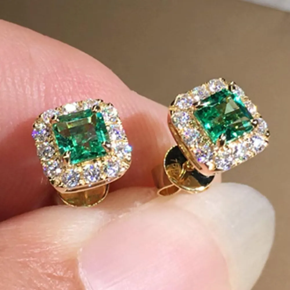 Sparkling Emerald Green Square Cubic Zirconia Earrings, Rose Gold Green Gemstone Stud Earrings, Retro Minimalist Everyday Earrings
