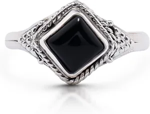 Square Black Onyx Vintage Ring- 925 Sterling Silver - Ethnic Boho Chic Hand Made Jewelry - Fashionable And Stylish For Women -Us Size 5-10