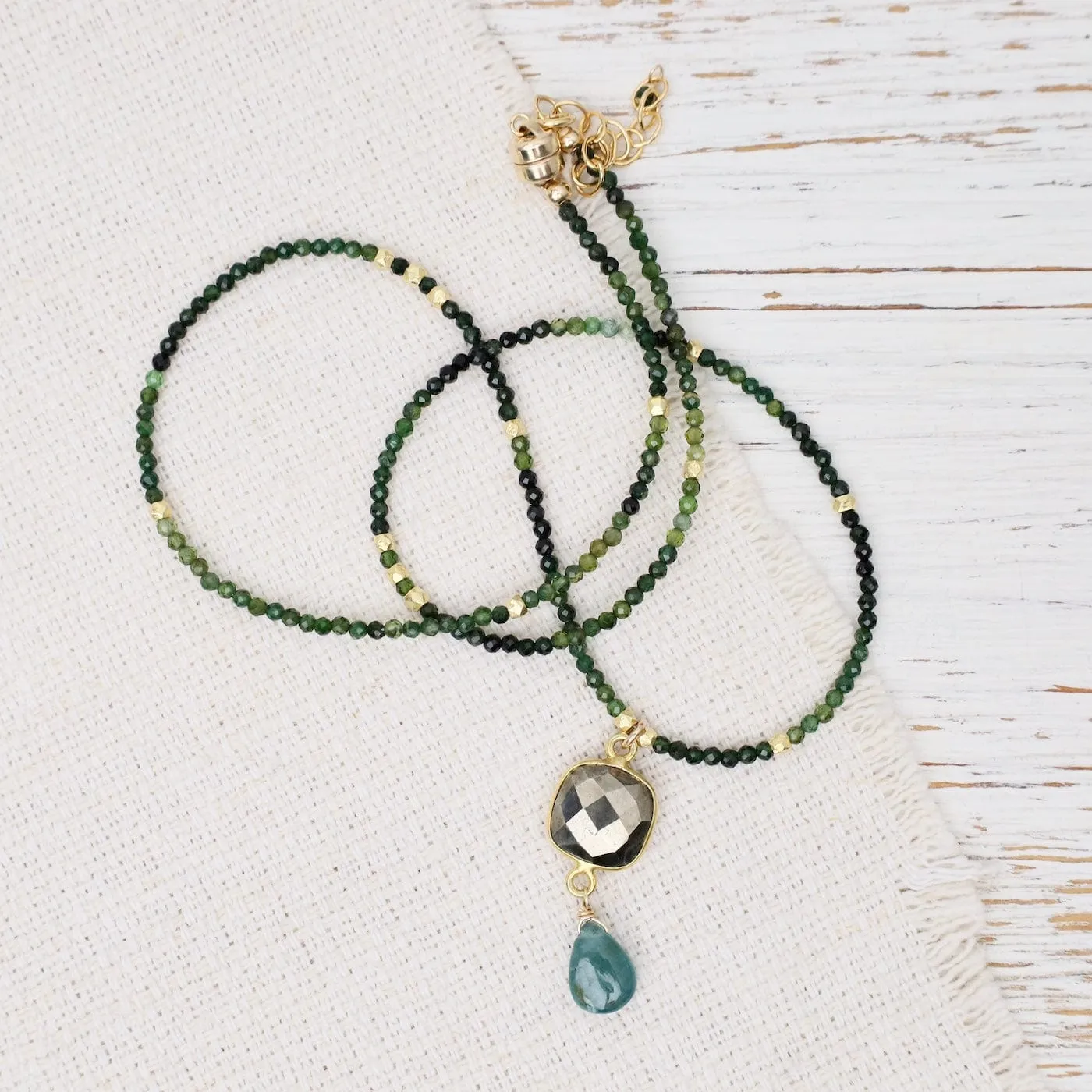 Square Pyrite, Grandidierite, Green Tourmaline Pendant Necklace