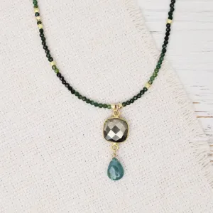 Square Pyrite, Grandidierite, Green Tourmaline Pendant Necklace