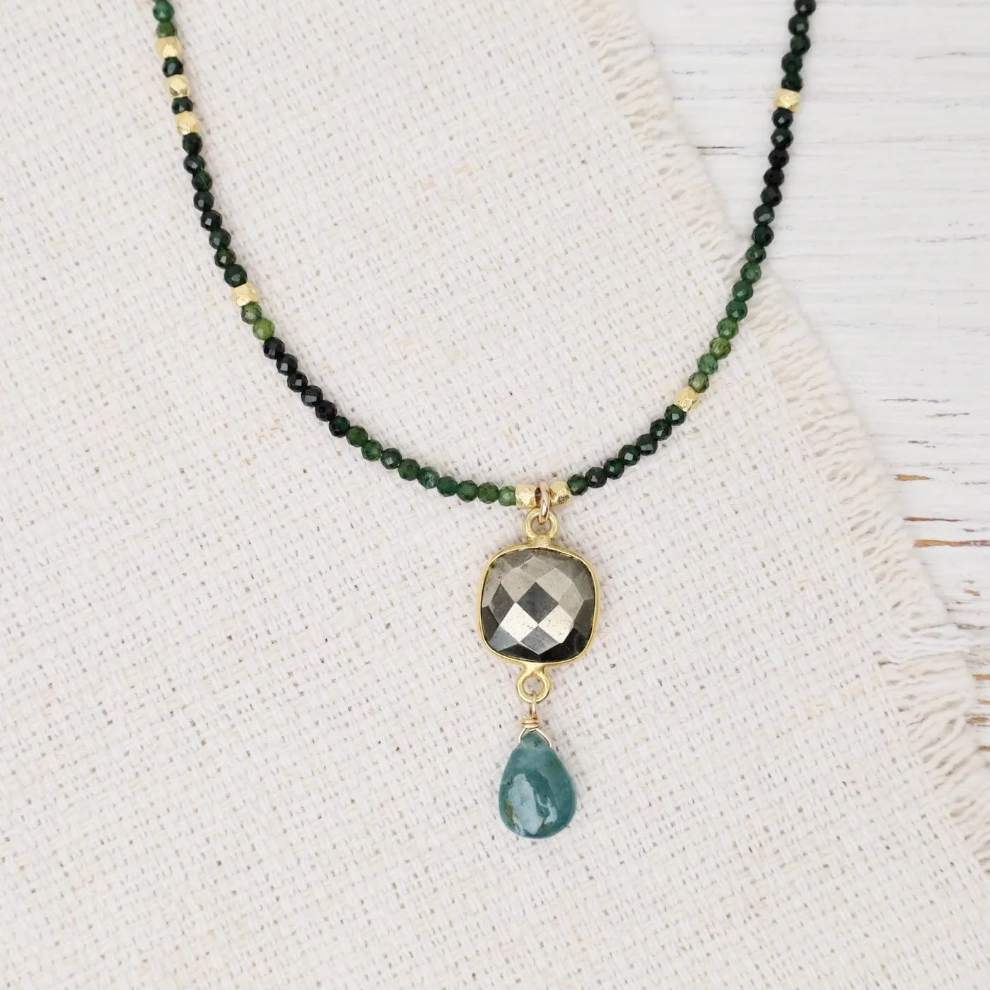 Square Pyrite, Grandidierite, Green Tourmaline Pendant Necklace