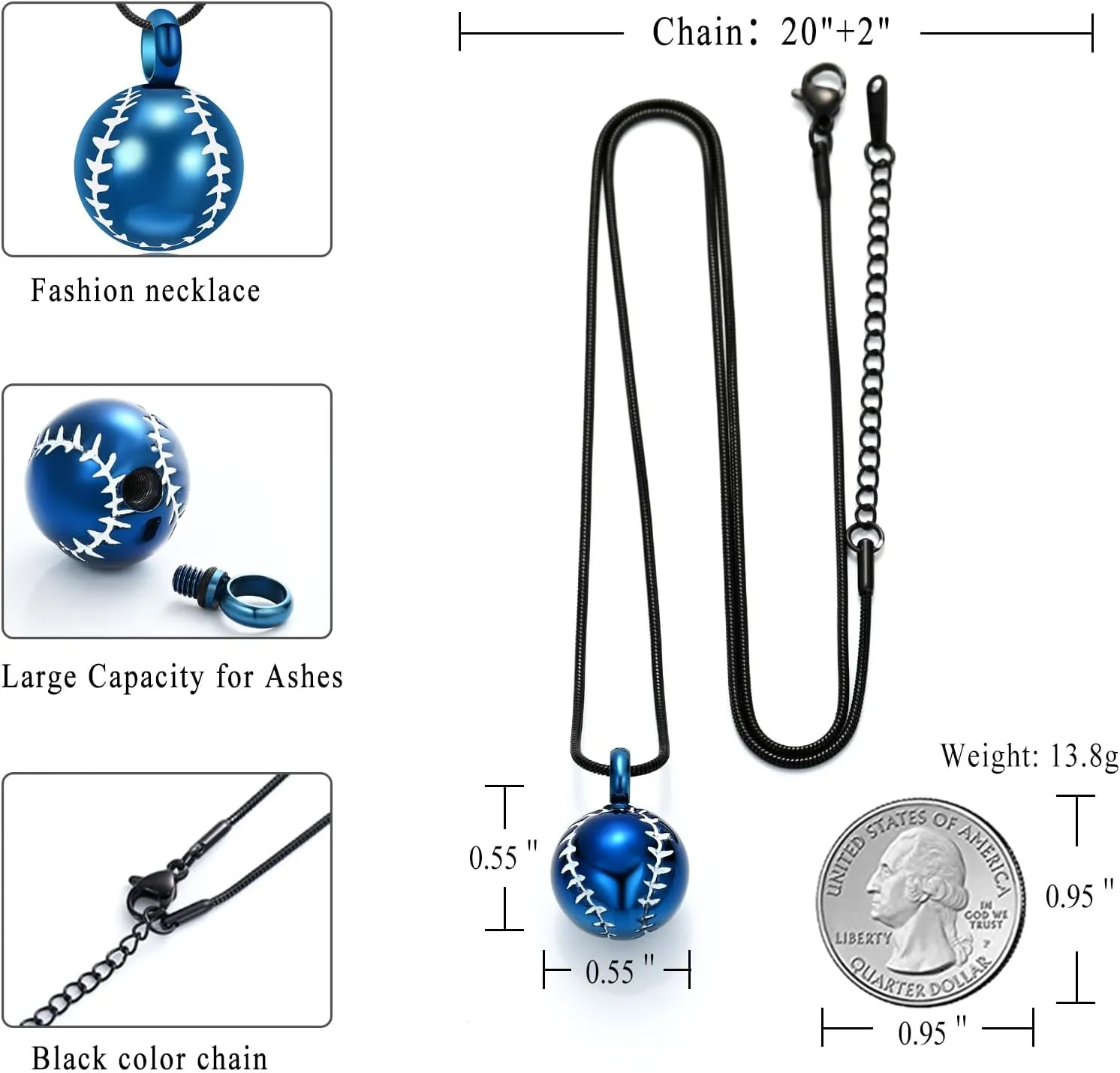 Stainless Steel 20mm Baseball Memorial Urn Jewelry Pendant Hold Cremation keepsake necklace for ashes