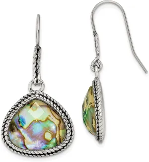 Stainless Steel Antiqued & Polished Imitation Abalone Dangle Earrings in Stainl
