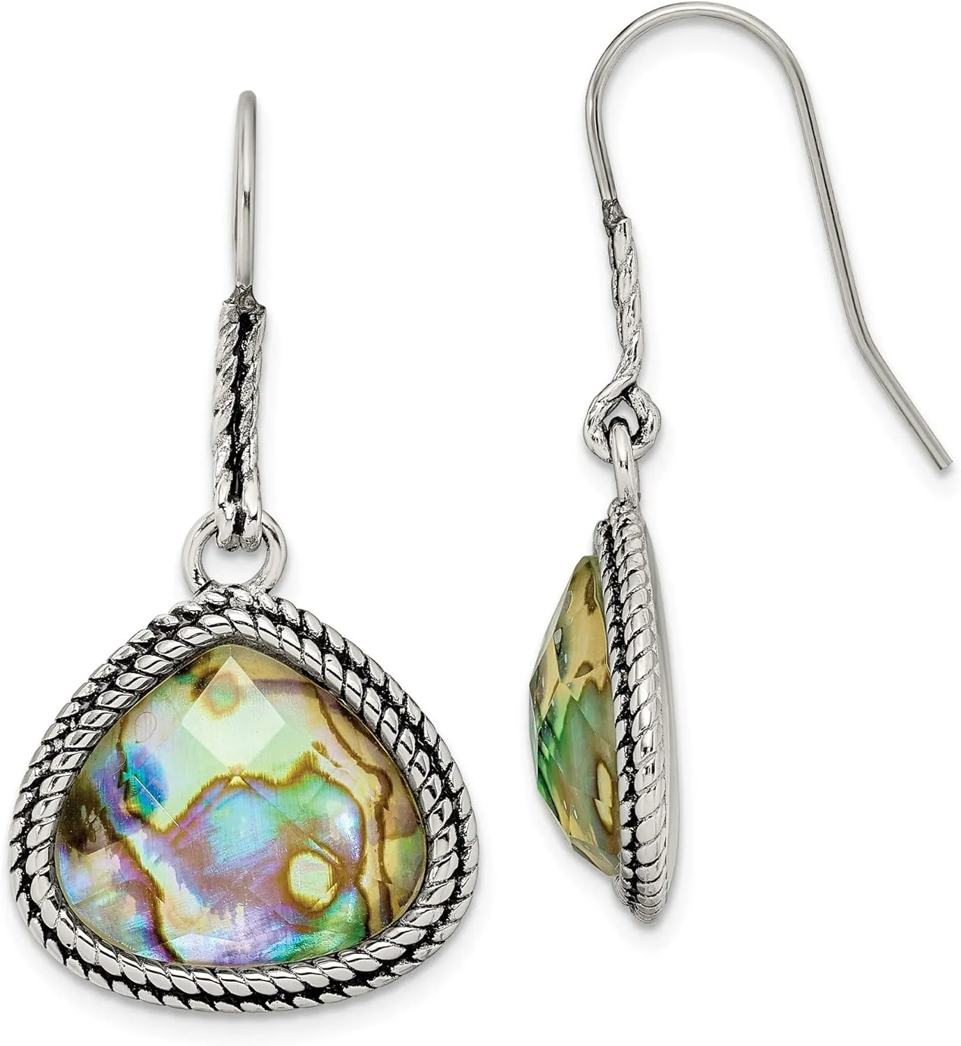 Stainless Steel Antiqued & Polished Imitation Abalone Dangle Earrings in Stainl