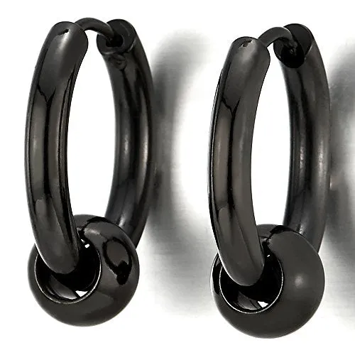 Stainless Steel Black Circle Beads Huggie Hinged Hoop Earrings for Men and Women, 2pcs, Versatile and Stylish Design for Any Occasion
