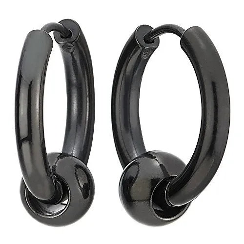 Stainless Steel Black Circle Beads Huggie Hinged Hoop Earrings for Men and Women, 2pcs, Versatile and Stylish Design for Any Occasion