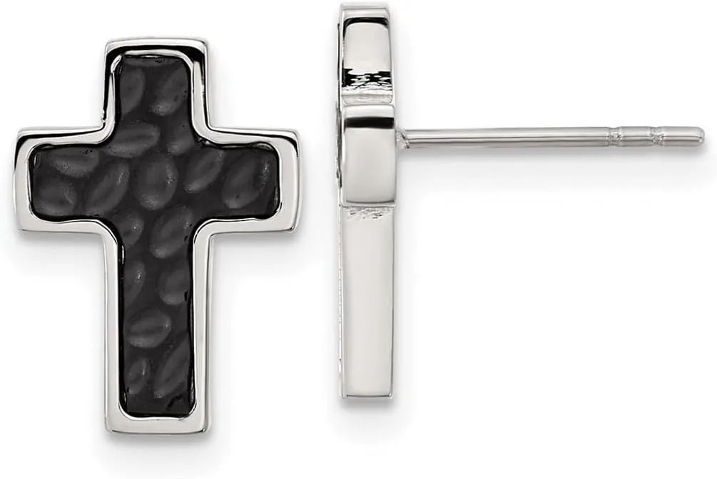 Stainless Steel Brushed Polished and Textured Black Ip Plated Religious Faith Cross Post Earrings 14x10mm Wide Stud Earring for Women