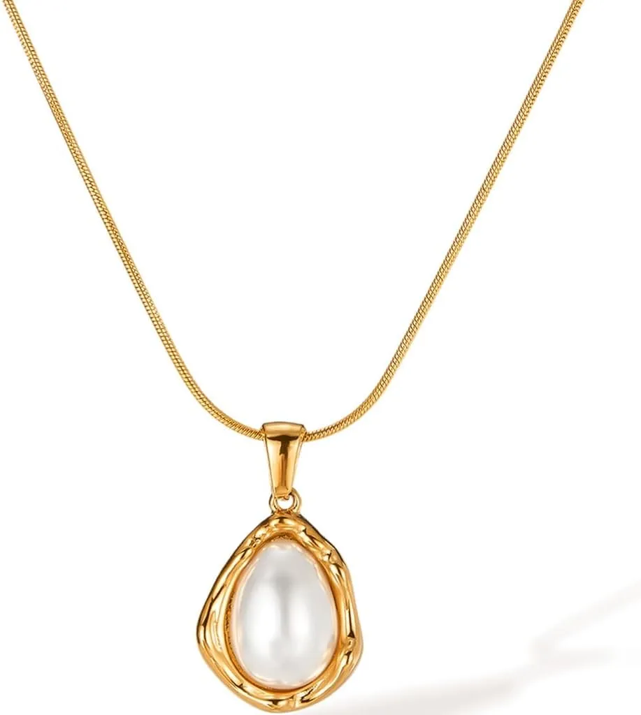 Stainless Steel Faux Pearl Hammered Water Drop Style Statement Wedding Party Collar Necklace