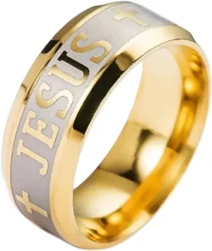 Stainless Steel Letter Jesus Cross Ring for Men Religion Faith Jewelry
