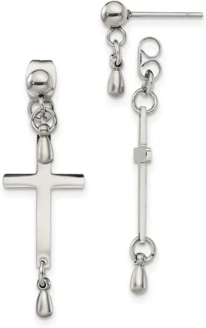 Stainless Steel Polished Religious Faith Cross Dangle Front and Back Post Long Drop-Dangle Earrings 37x11.5mm Wide-Dangle Earring for Women