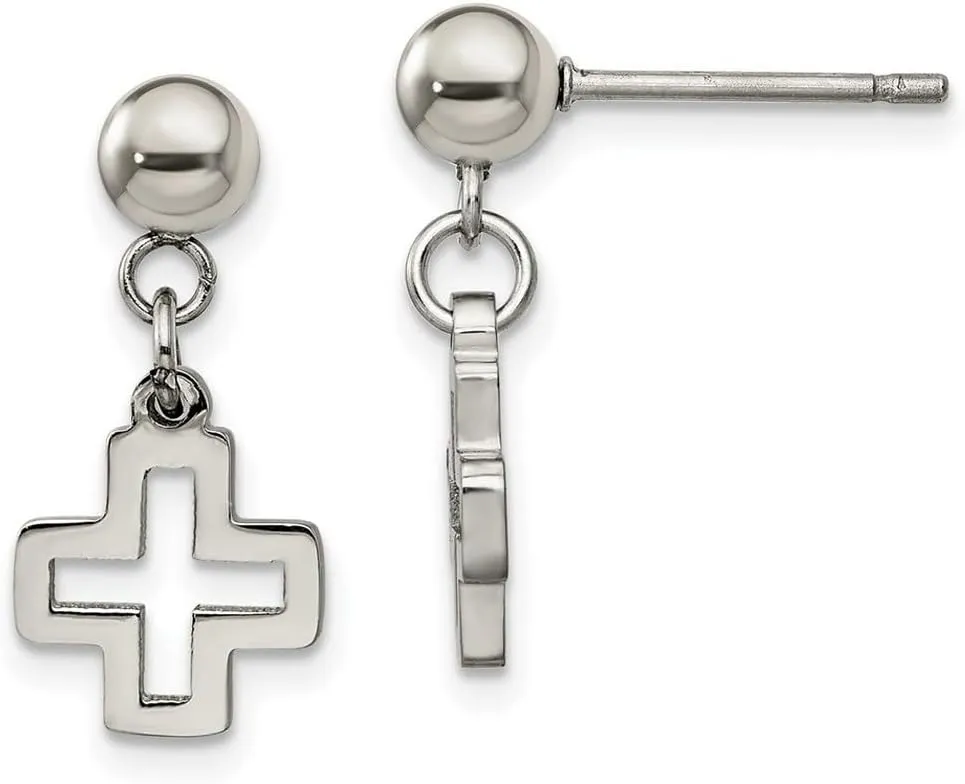 Stainless Steel Polished Religious Faith Cross Post Long Drop Dangle Earrings 10mm Wide-Dangle Earring for Women