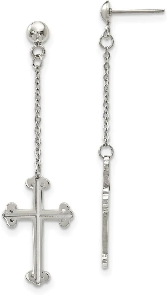Stainless Steel Polished Religious Faith Cross Post Long Drop Dangle Earrings 57.76x15.47mm Wide-Dangle Earring for Women