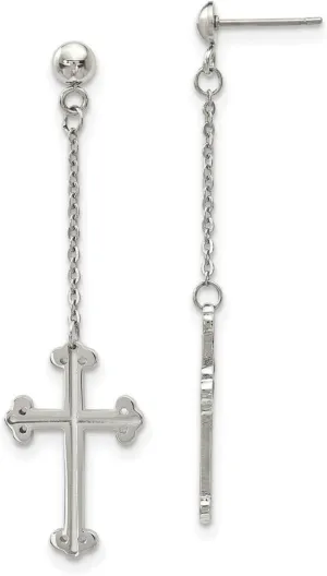 Stainless Steel Polished Religious Faith Cross Post Long Drop Dangle Earrings 57.76x15.47mm Wide-Dangle Earring for Women