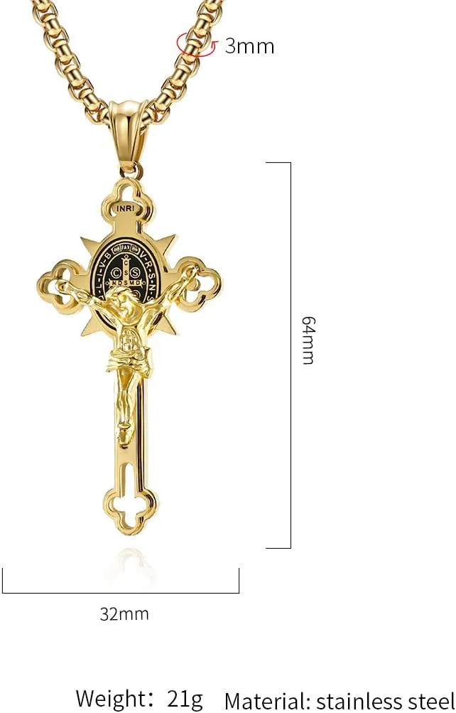 Stainless Steel Saint St. Benedict Crucifix Cross Pendants Necklace INRI Religion Jewelry with Chain