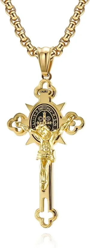 Stainless Steel Saint St. Benedict Crucifix Cross Pendants Necklace INRI Religion Jewelry with Chain
