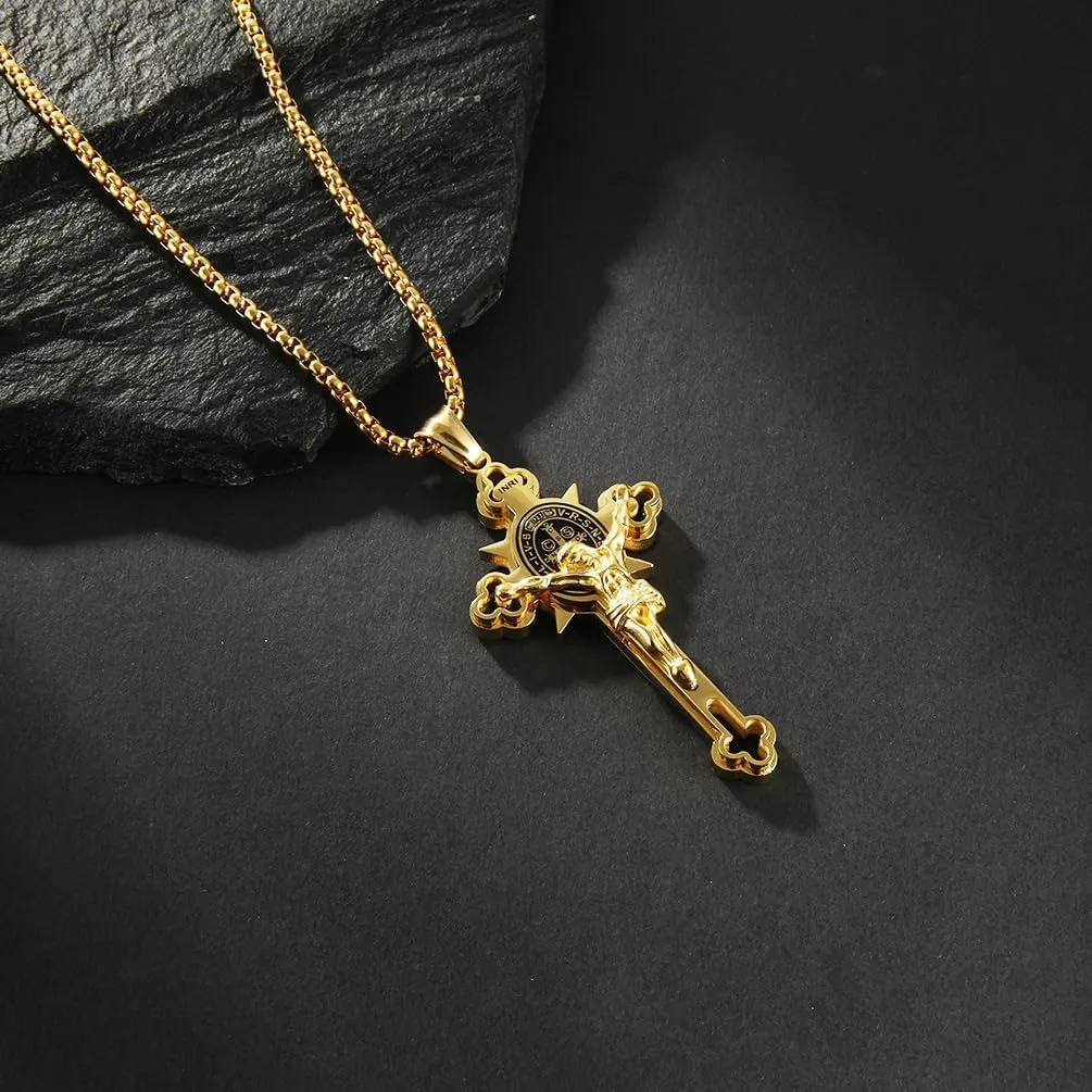 Stainless Steel Saint St. Benedict Crucifix Cross Pendants Necklace INRI Religion Jewelry with Chain