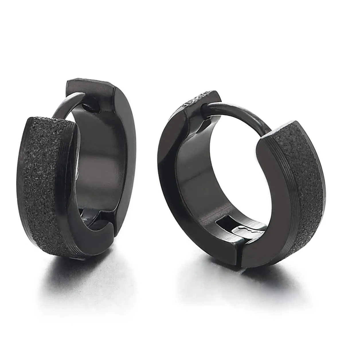 Stainless Steel Small Black Huggie Hinged Hoop Earrings Unisex Men Women, Satin Finishing, Classic…