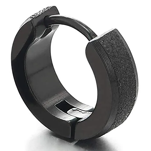 Stainless Steel Small Black Huggie Hinged Hoop Earrings Unisex Men Women, Satin Finishing, Classic…
