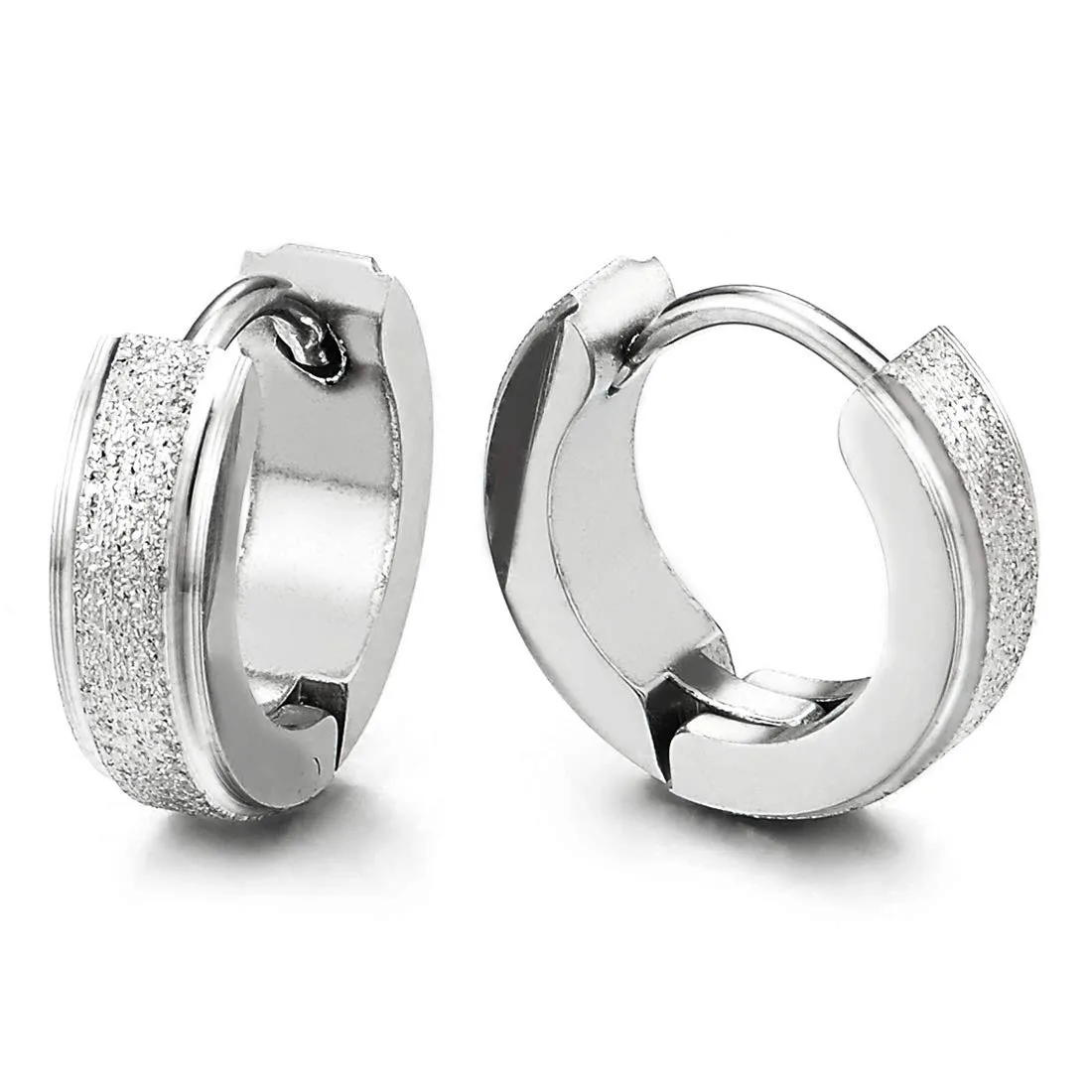 Stainless Steel Small Black Huggie Hinged Hoop Earrings Unisex Men Women, Satin Finishing, Classic…