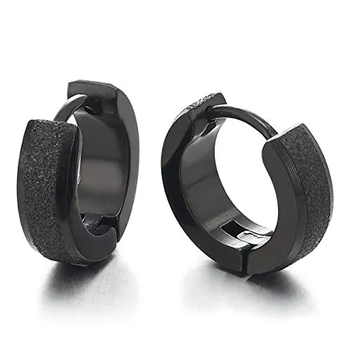 Stainless Steel Small Black Huggie Hinged Hoop Earrings Unisex Men Women, Satin Finishing, Classic…