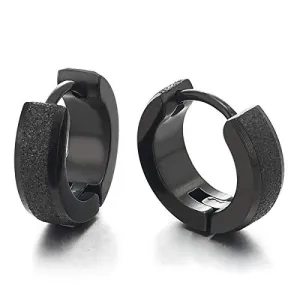 Stainless Steel Small Black Huggie Hinged Hoop Earrings Unisex Men Women, Satin Finishing, Classic…