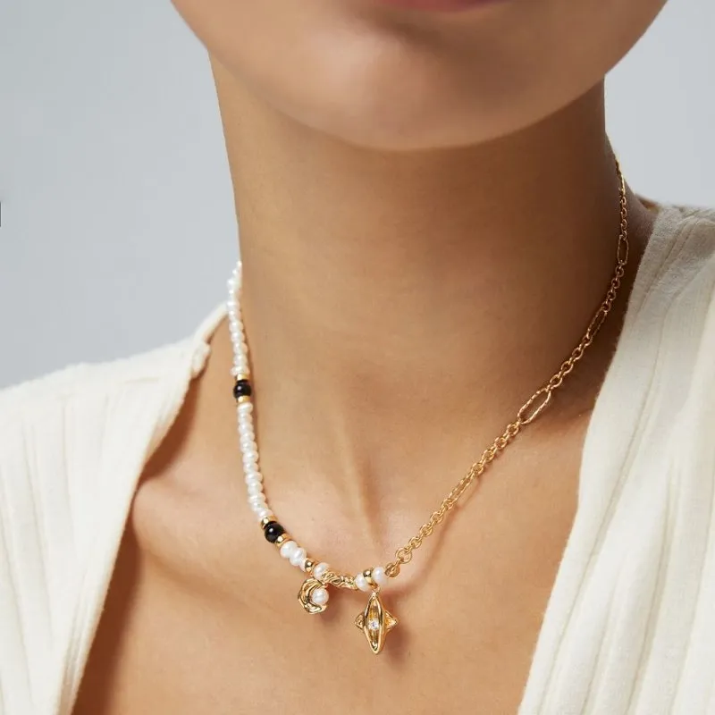 Star and Moon Charm Freshwater Pearl Necklace