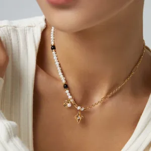Star and Moon Charm Freshwater Pearl Necklace