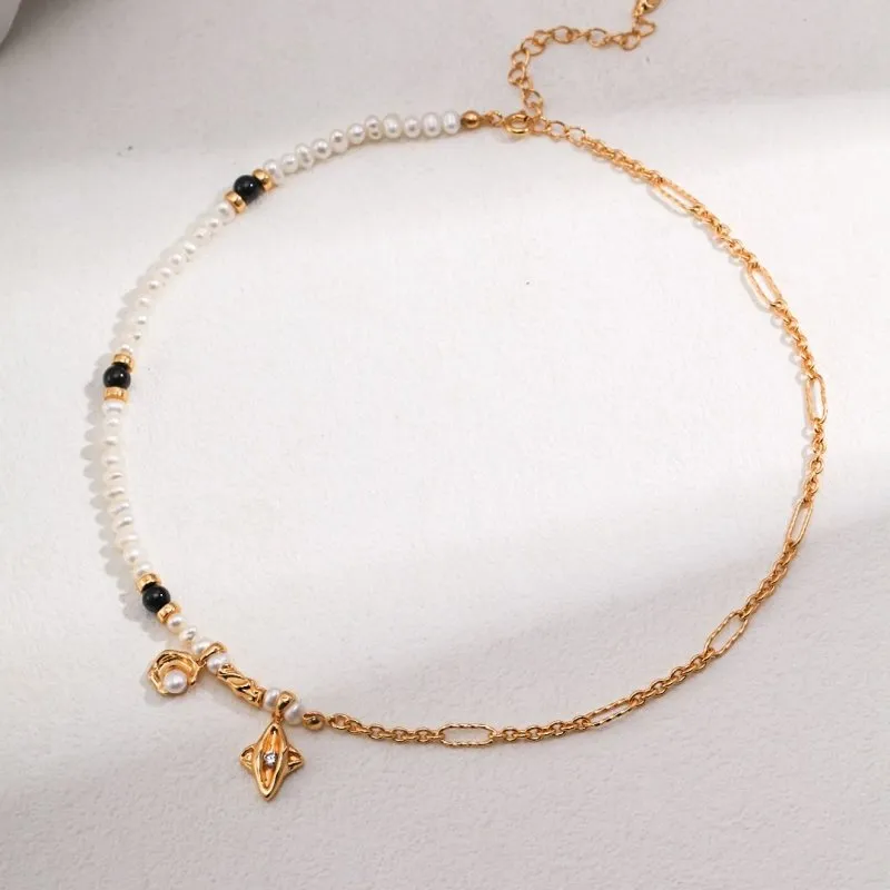 Star and Moon Charm Freshwater Pearl Necklace